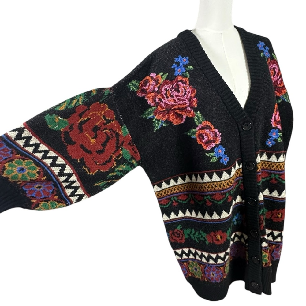 FARM Rio Black Floral Embroidered Chunky Cardigan with Red & Blue Roses - Picture 11 of 15